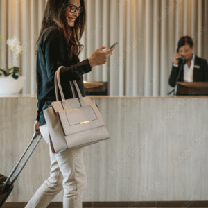 Tourist entering hotel in Crisfield, Maryland